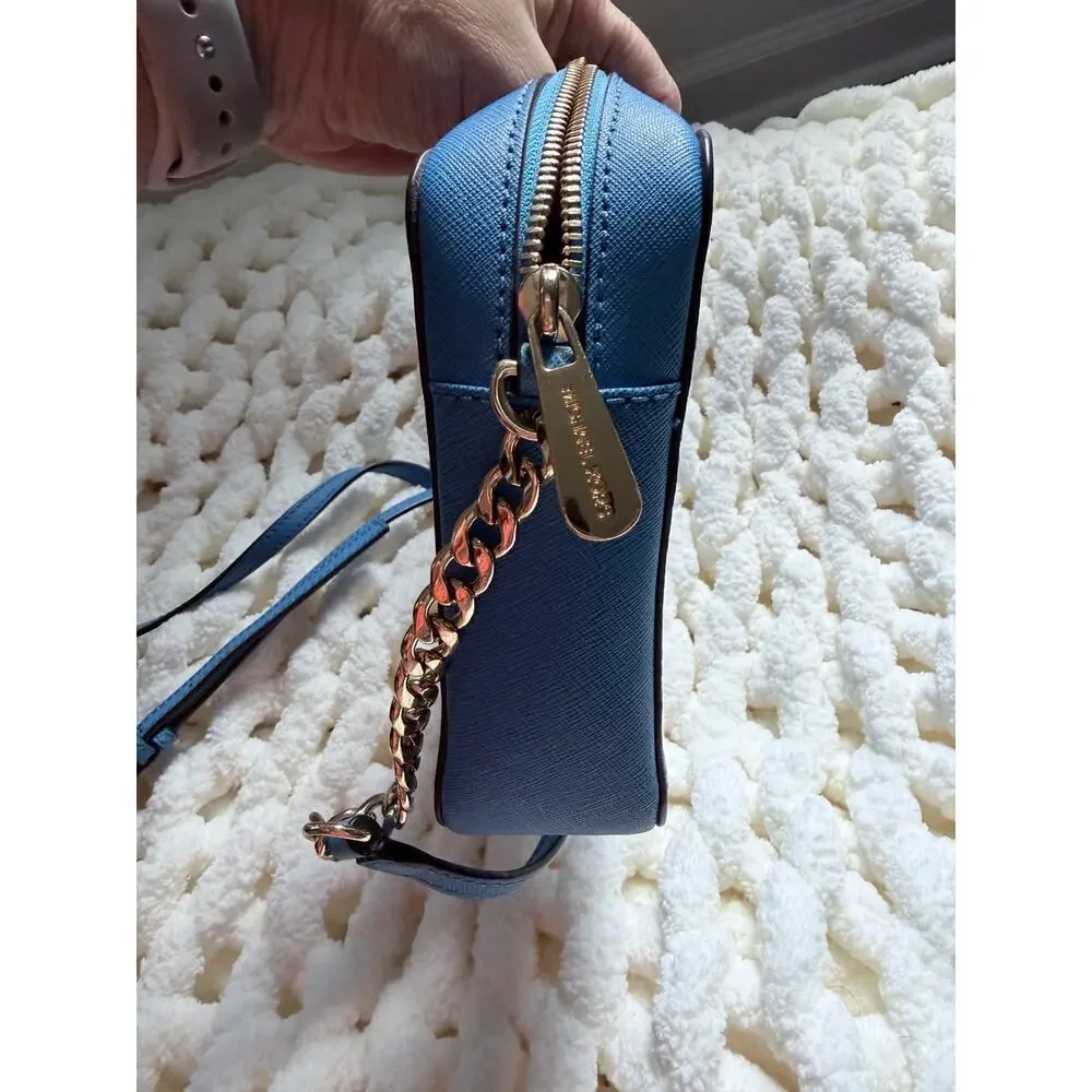 Michael Kors Jet Set Bright Blue Saffiano Leather Gold Tone Crossbody Bag Purse